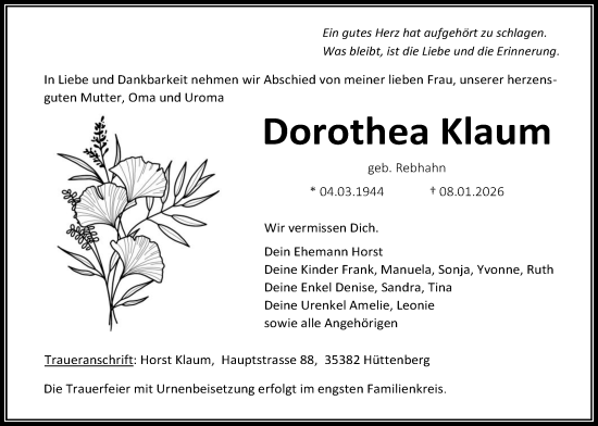 Traueranzeige von Dorothea Klaum von Giessener Allgemeine, Alsfelder Allgemeine