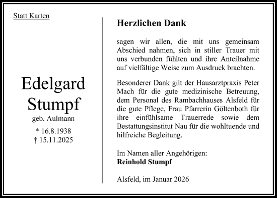 Traueranzeige von Edelgard Stumpf von Oberhessische Zeitung