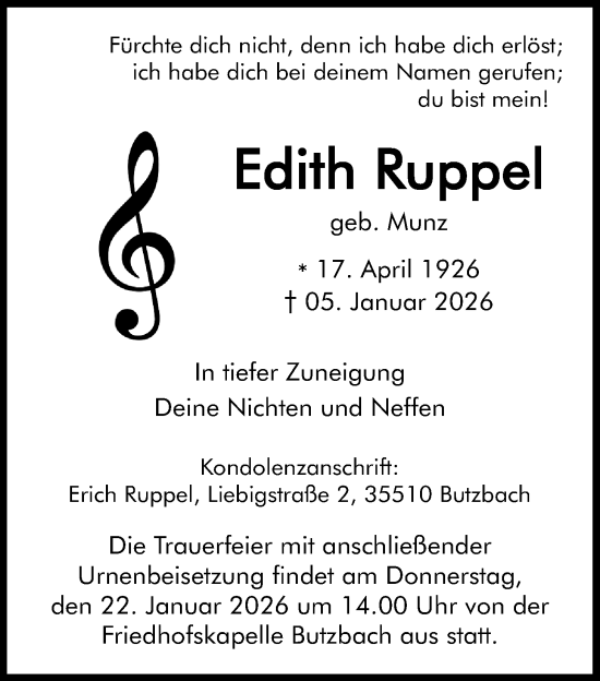 Traueranzeige von Edith Ruppel von Butzbacher Zeitung