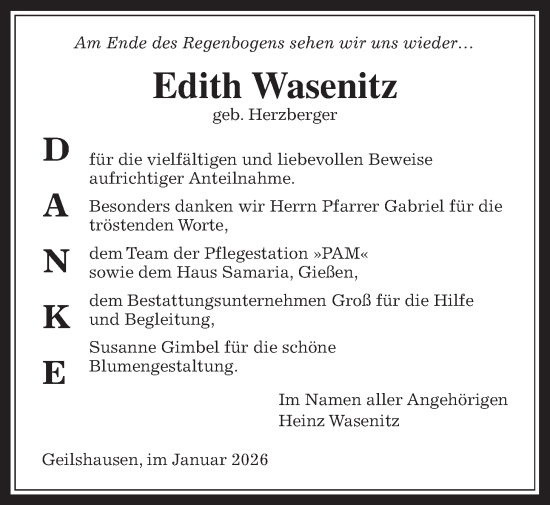 Traueranzeige von Edith Wasenitz von Giessener Allgemeine, Alsfelder Allgemeine