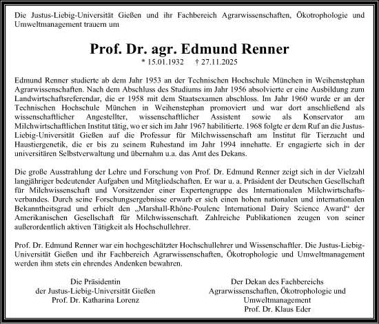 Traueranzeige von Edmund Renner von Giessener Anzeiger, Giessener Allgemeine, Alsfelder Allgemeine