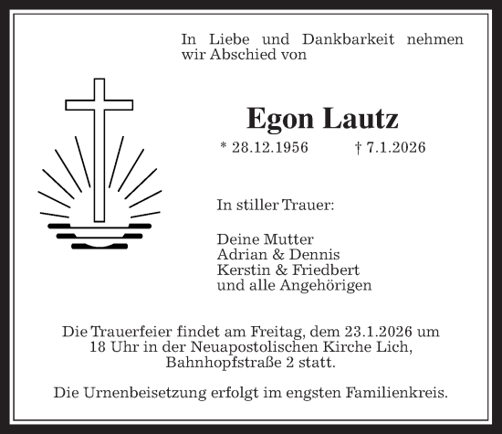 Traueranzeige von Egon Lautz von Licher Wochenblatt