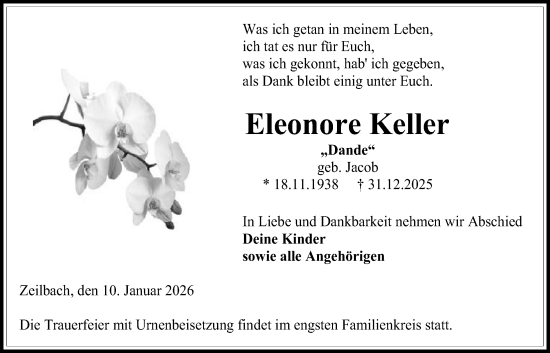 Traueranzeige von Eleonore Keller von Oberhessische Zeitung, Alsfelder Allgemeine