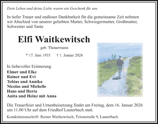 Traueranzeige von Elfi Waitkewitsch von Lauterbacher Anzeiger
