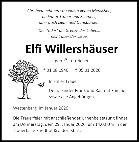Traueranzeige von Elfi Willershäuser von Giessener Allgemeine, Alsfelder Allgemeine
