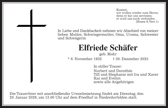 Traueranzeige von Elfriede Schäfer von Bad Vilbel/Karben