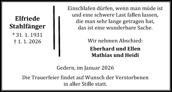 Traueranzeige von Elfriede Stahlfänger von Kreis-Anzeiger