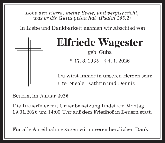 Traueranzeige von Elfriede Wagester von Giessener Anzeiger, Giessener Allgemeine, Alsfelder Allgemeine