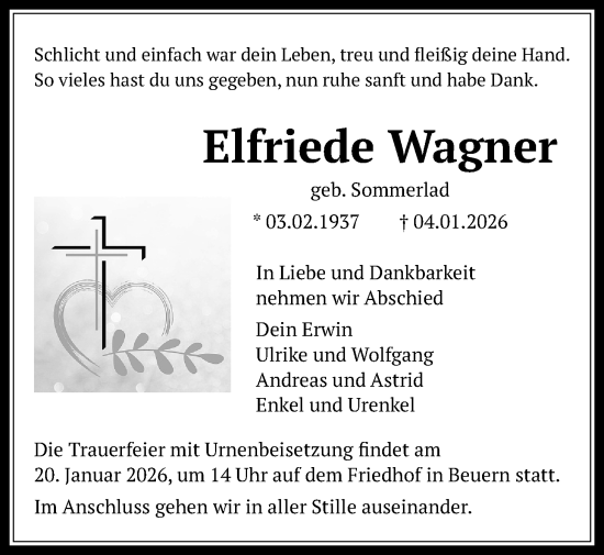 Traueranzeige von Elfriede Wagner von Giessener Allgemeine, Alsfelder Allgemeine