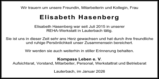 Traueranzeige von Elisabeth Hasenberg von Lauterbacher Anzeiger