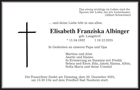 Traueranzeige von Elisabeth Franziska Albinger von Wetterauer Zeitung, Wetterauer Zeitung