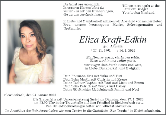 Traueranzeige von Eliza Kraft-Edkin von Kreis-Anzeiger