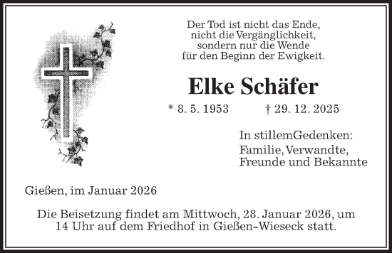 Traueranzeige von Elke Schäfer von Giessener Anzeiger, Giessener Allgemeine, Alsfelder Allgemeine