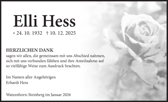 Traueranzeige von Elli Hess von Giessener Anzeiger, Giessener Allgemeine, Alsfelder Allgemeine