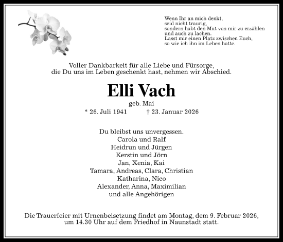 Traueranzeige von Elli Vach von Usinger Anzeiger, Usinger Anzeigenblatt