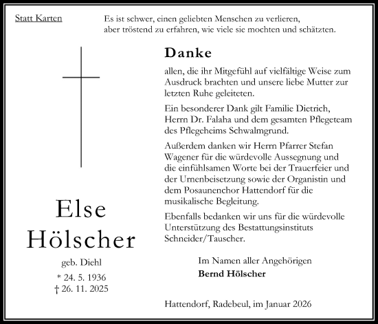 Traueranzeige von Else Hölscher von Oberhessische Zeitung