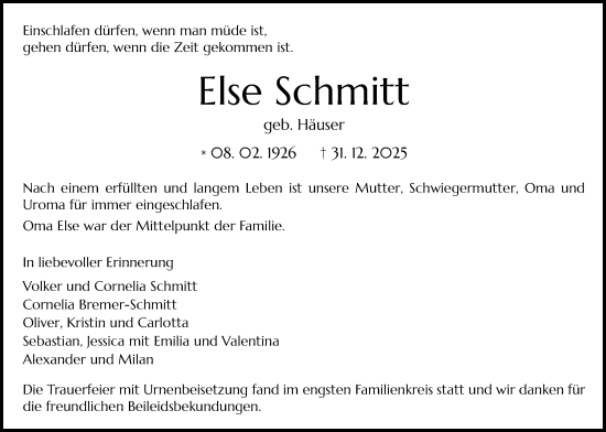 Traueranzeige von Else Schmitt von Giessener Allgemeine, Alsfelder Allgemeine