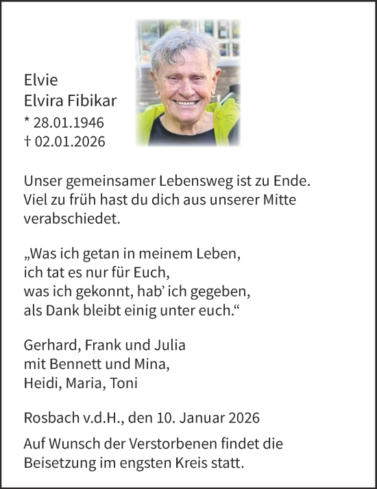 Traueranzeige von Elvira Fibikar von Wetterauer Zeitung