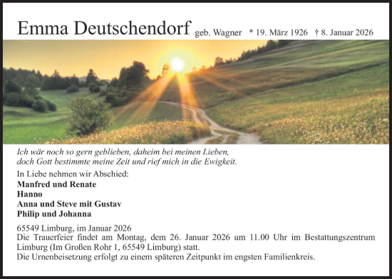 Traueranzeige von Emma Deutschendorf von Giessener Allgemeine, Alsfelder Allgemeine