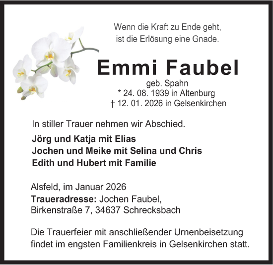 Traueranzeige von Emmi Faubel von Oberhessische Zeitung