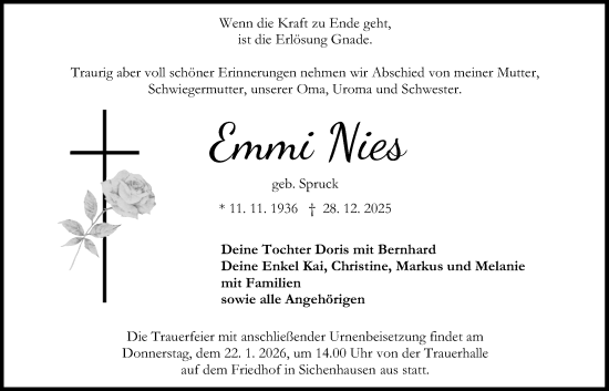 Traueranzeige von Emmi Nies von Lauterbacher Anzeiger