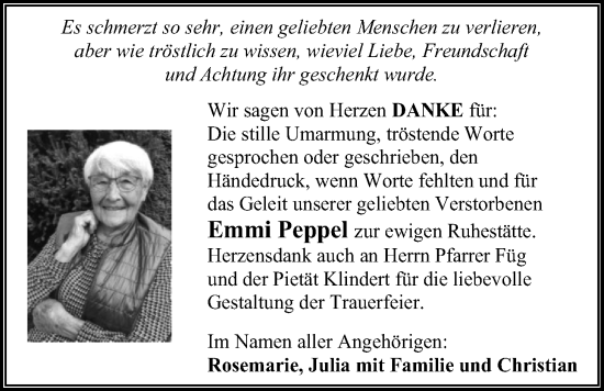 Traueranzeige von Emmi Peppel von Kreis-Anzeiger