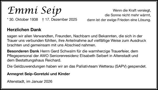 Traueranzeige von Emmi Seip von Wetterauer Zeitung