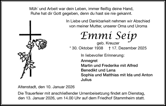 Traueranzeige von Emmi Seip von Wetterauer Zeitung