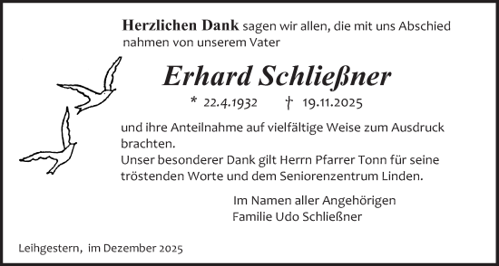 Traueranzeige von Erhard Schließner von Giessener Allgemeine, Alsfelder Allgemeine, Giessener Anzeiger, Giessener Allgemeine, Alsfelder Allgemeine, Giessener Anzeiger