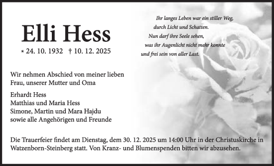 Traueranzeige von Erhardt Hess von Giessener Allgemeine, Alsfelder Allgemeine, Giessener Anzeiger, Giessener Allgemeine, Alsfelder Allgemeine, Giessener Anzeiger