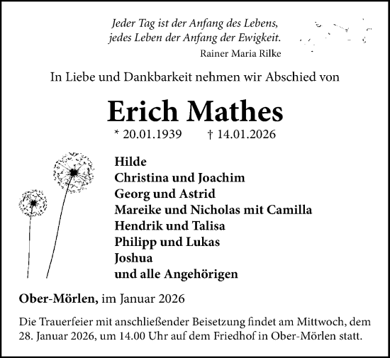 Traueranzeige von Erich Mathes von Wetterauer Zeitung