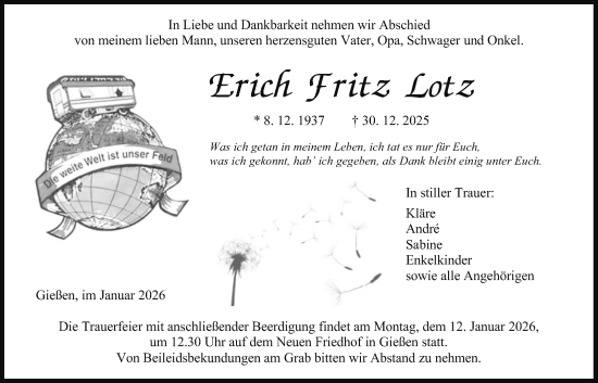 Traueranzeige von Erich Fritz Lotz von Giessener Anzeiger, Giessener Allgemeine, Alsfelder Allgemeine