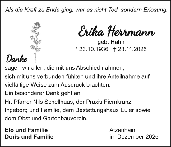 Traueranzeige von Erika Herrmann von Giessener Allgemeine, Alsfelder Allgemeine, Giessener Allgemeine, Alsfelder Allgemeine