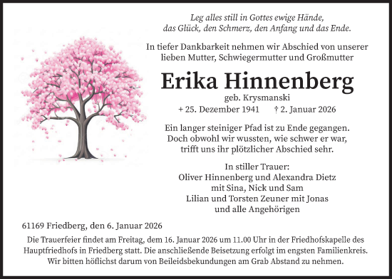 Traueranzeige von Erika Hinnenberg von Wetterauer Zeitung