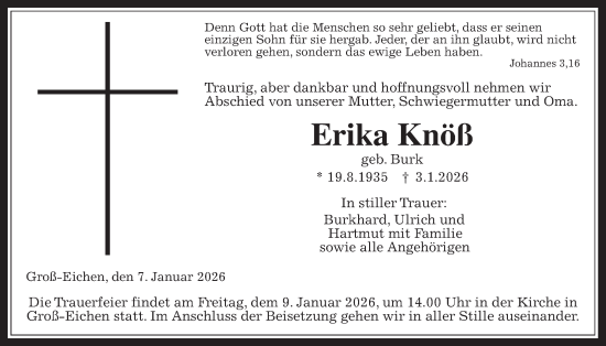 Traueranzeige von Erika Knöß von Giessener Allgemeine, Alsfelder Allgemeine