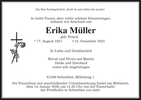 Traueranzeige von Erika Müller von Usinger Anzeiger, Usinger Anzeigenblatt