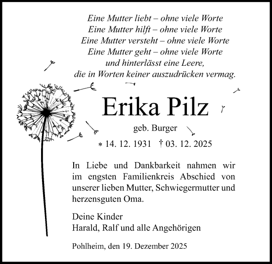 Traueranzeige von Erika Pilz von Giessener Allgemeine, Alsfelder Allgemeine, Giessener Anzeiger, Pohlheimer Nachrichten, Giessener Allgemeine, Alsfelder Allgemeine, Giessener Anzeiger