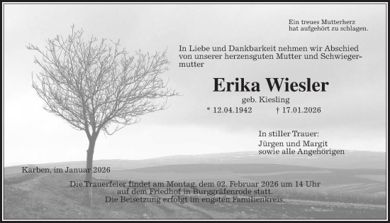 Traueranzeige von Erika Wiesler von Wetterauer Zeitung