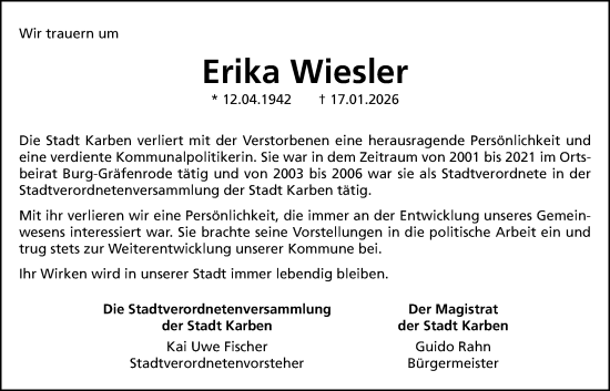 Traueranzeige von Erika Wiesler von Wetterauer Zeitung