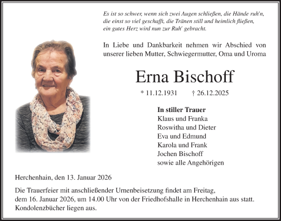 Traueranzeige von Erna Bischoff von Lauterbacher Anzeiger
