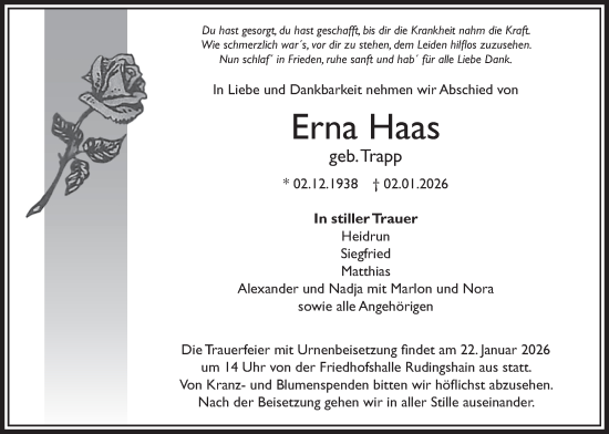 Traueranzeige von Erna Haas von Kreis-Anzeiger