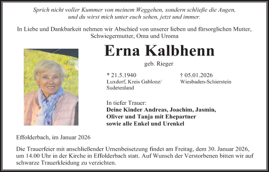 Traueranzeige von Erna Kalbhenn von Kreis-Anzeiger