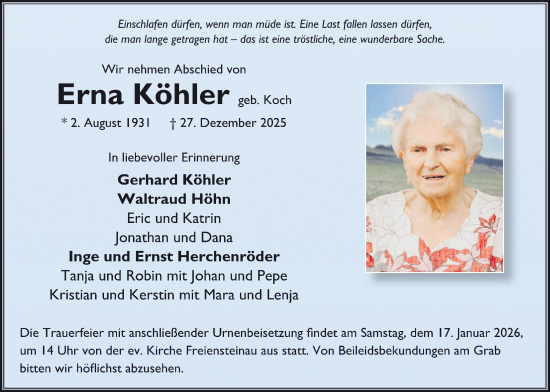 Traueranzeige von Erna Köhler von Lauterbacher Anzeiger