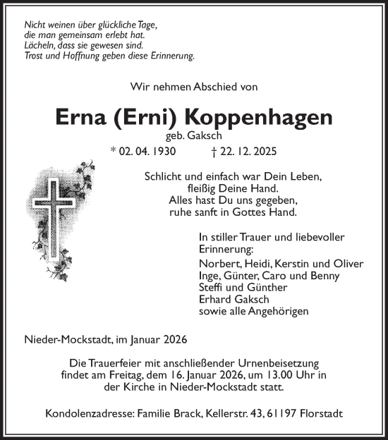 Traueranzeige von Erna Koppenhagen von Kreis-Anzeiger