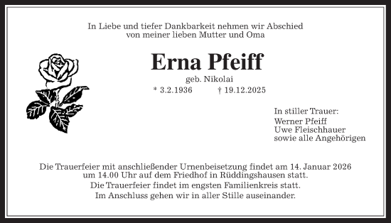 Traueranzeige von Erna Pfeiff von Giessener Anzeiger