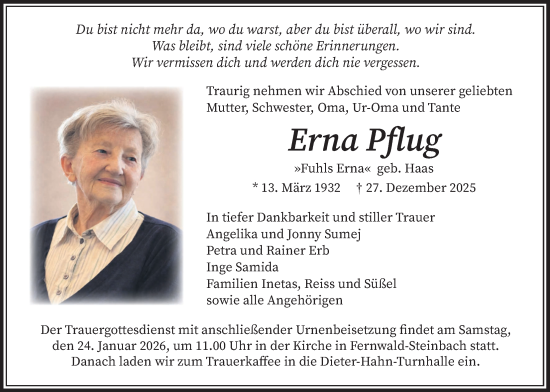 Traueranzeige von Erna Pflug von Giessener Allgemeine, Alsfelder Allgemeine