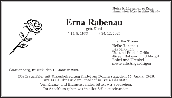 Traueranzeige von Erna Rabenau von Giessener Allgemeine, Alsfelder Allgemeine