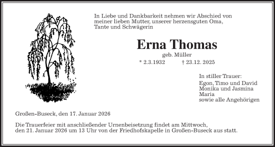 Traueranzeige von Erna Thomas von Giessener Allgemeine, Alsfelder Allgemeine