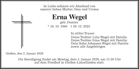 Traueranzeige von Erna Wegel von Giessener Anzeiger