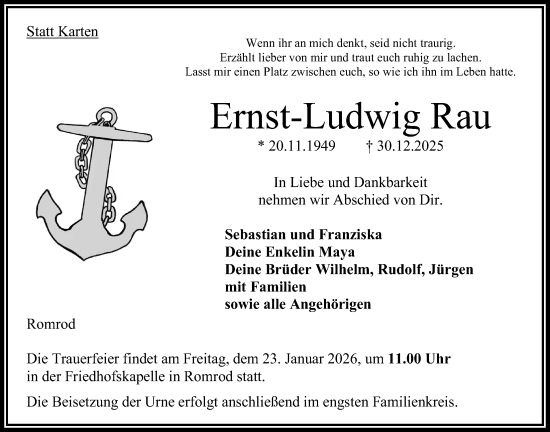 Traueranzeige von Ernst-Ludwig Rau von Oberhessische Zeitung